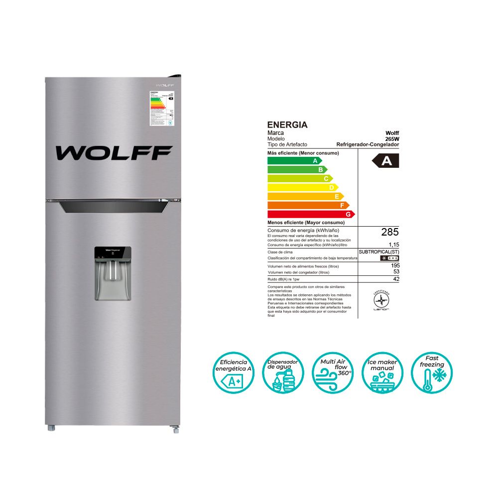 Wolff - Refrigeradora No Frost de 248L + Olla Arrocera Metalica + Hervidor Digital
