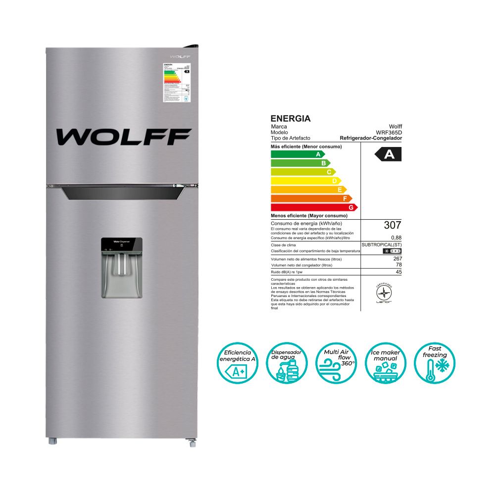 Wolff - Refrigeradora No Frost de 345L + Olla Arrocera Metalica + Hervidor Digital
